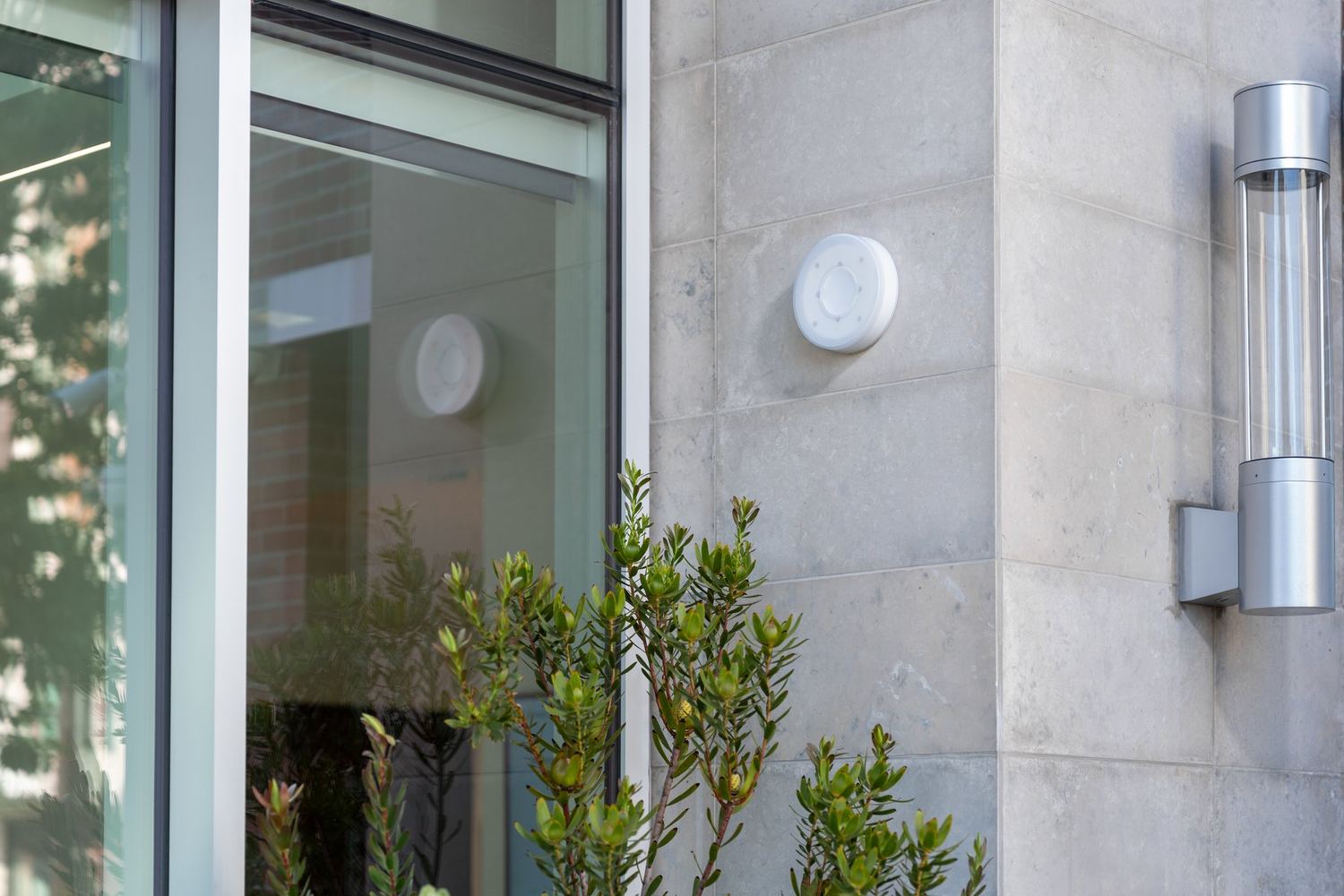 An external sounder and strobe on a building facade
