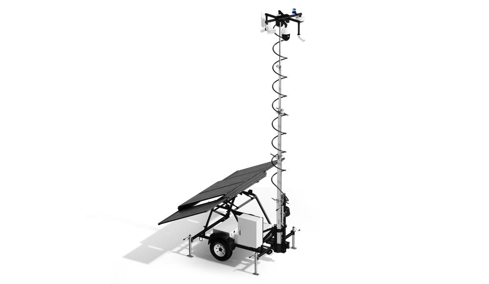 A solar-powered mobile surveillance mast, fully extended